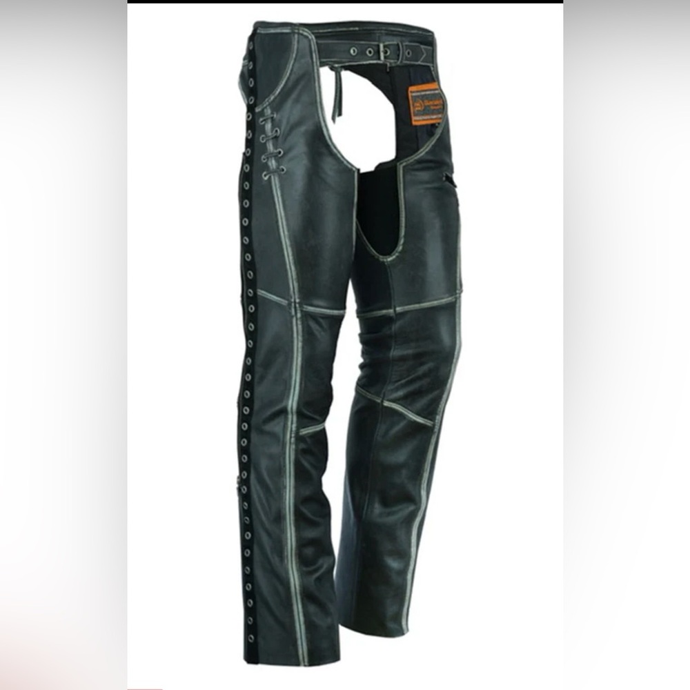 Daniel Smart DS485V Women’s Gray Black Leather Chaps 3XS Zip and Snap Motorcycle